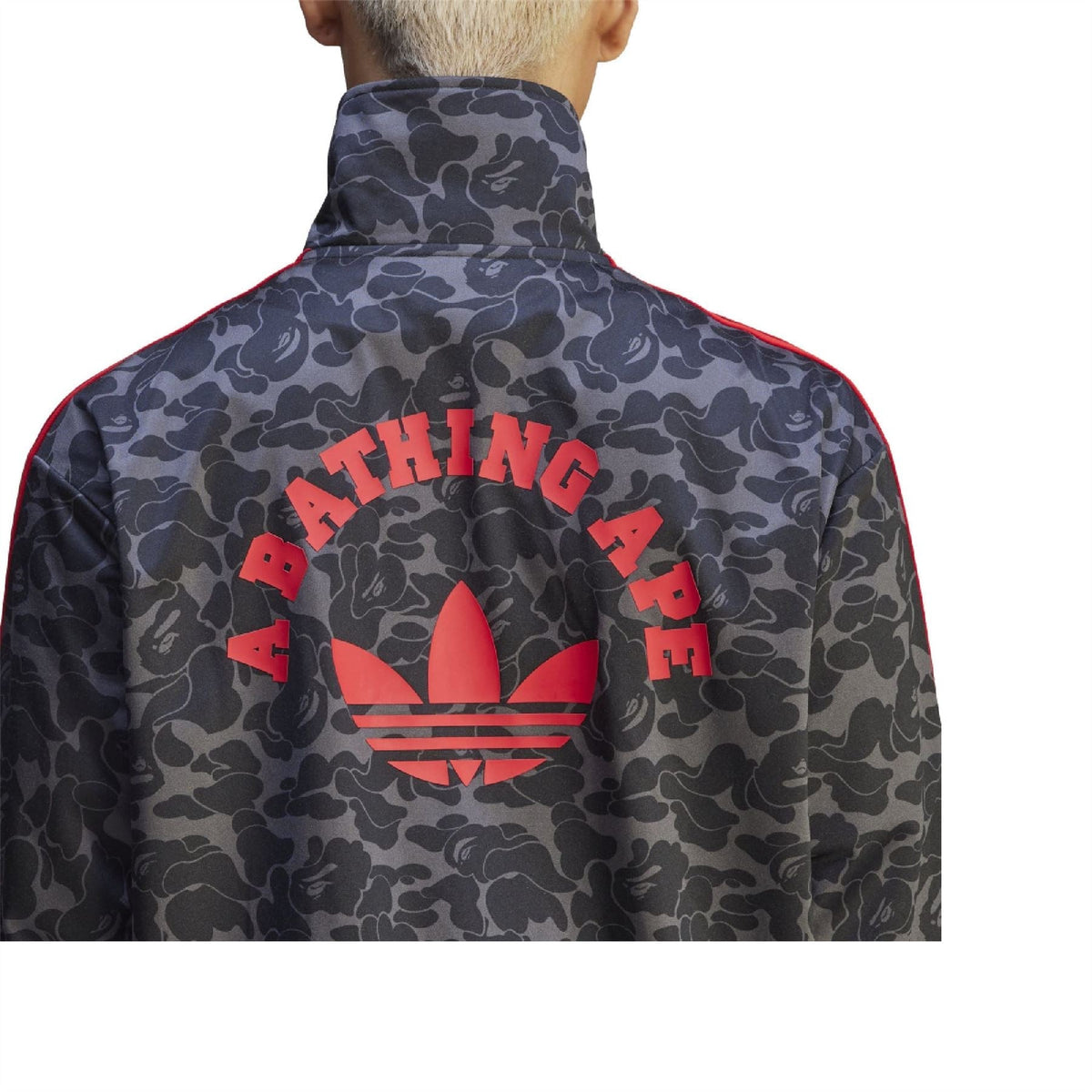Black camo track jacket back graphic with red trefoil and zip collar