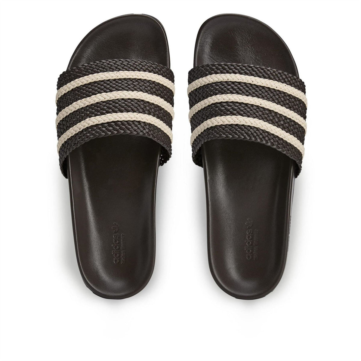 Dark brown adidas adilette slides, two-piece top with cream triple stripe braid