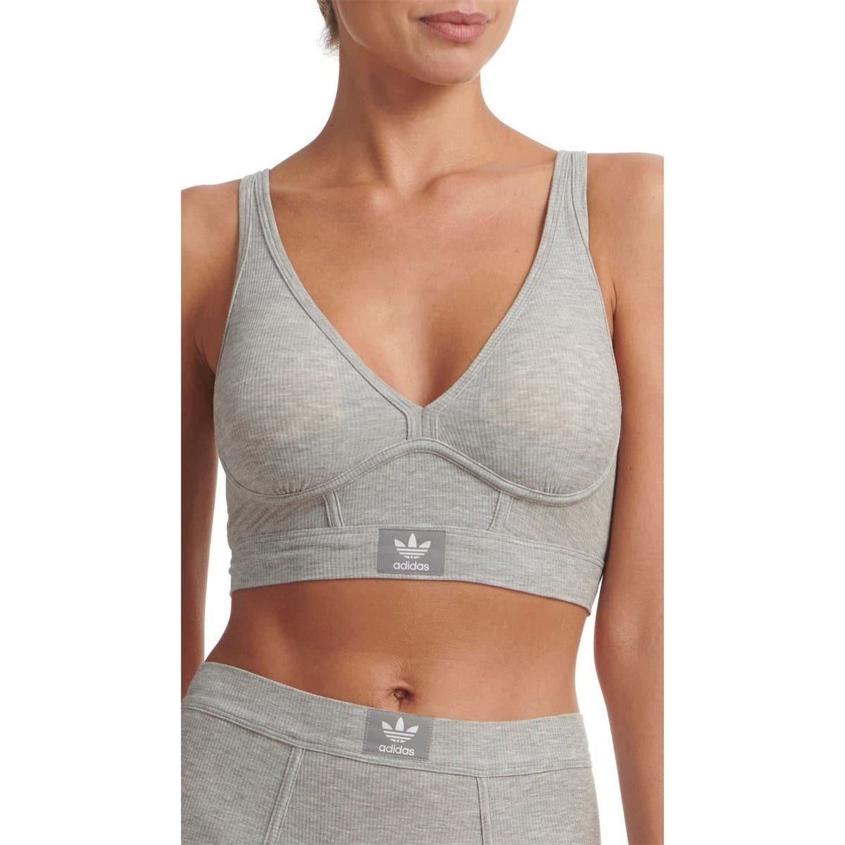 Heather grey V-neck bralette with elastic underband and adidas logo