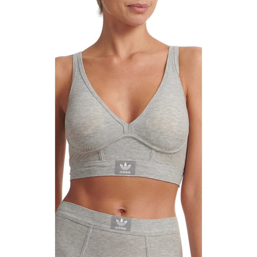 Heather grey V-neck bralette with elastic underband and adidas logo