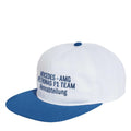 White snapback cap with blue brim and embroidered Mercedes-AMG Petronas logo