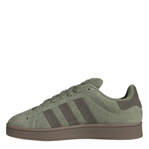 adidas Originals suede campus sneakers, olive green lace-up with three stripe panels