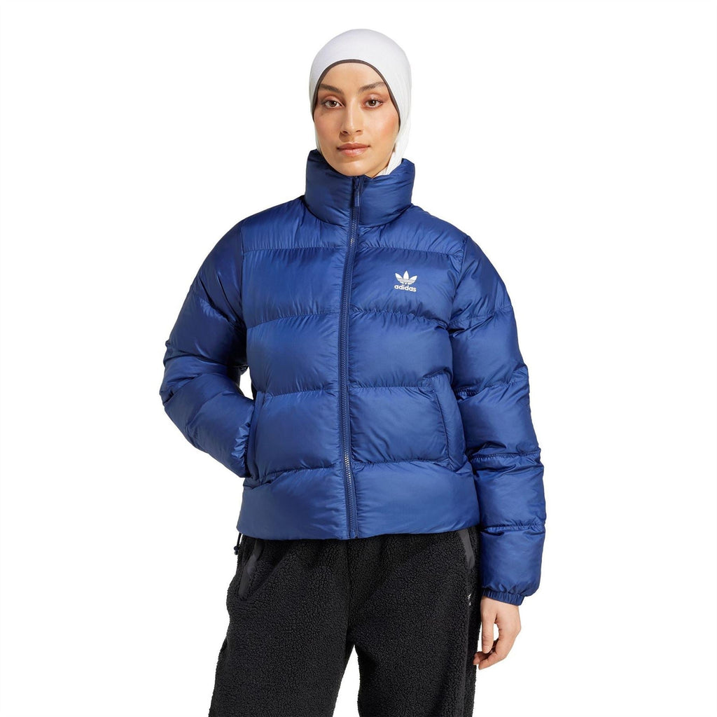adidas Originals dark blue puffer jacket with stand collar and zip front, chest logo