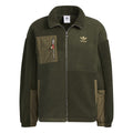 Olive green Sherpa full-zip jacket with high collar, Adidas logo, and chest zip pocket