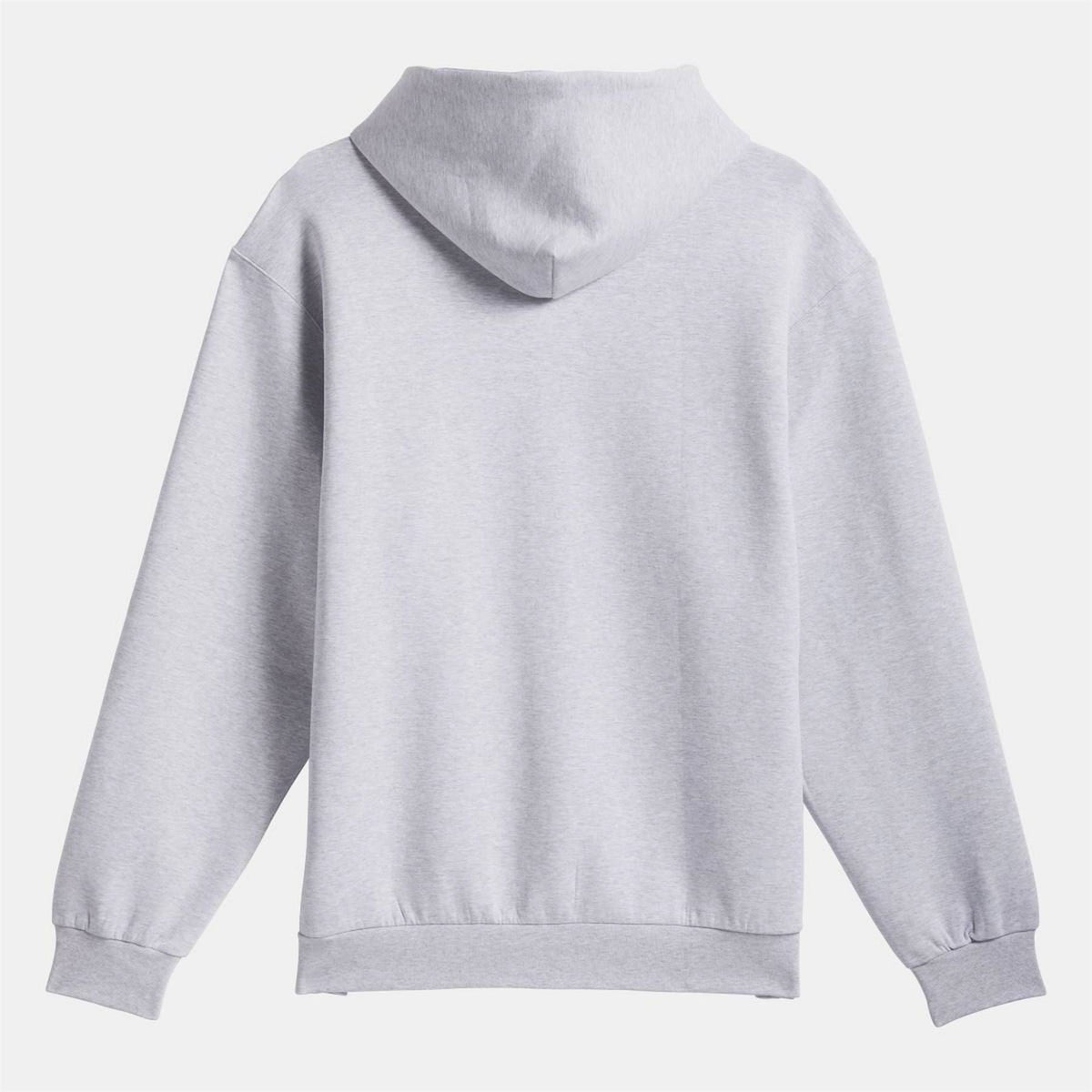 Grey fleece zip-up jacket with hood and full back view