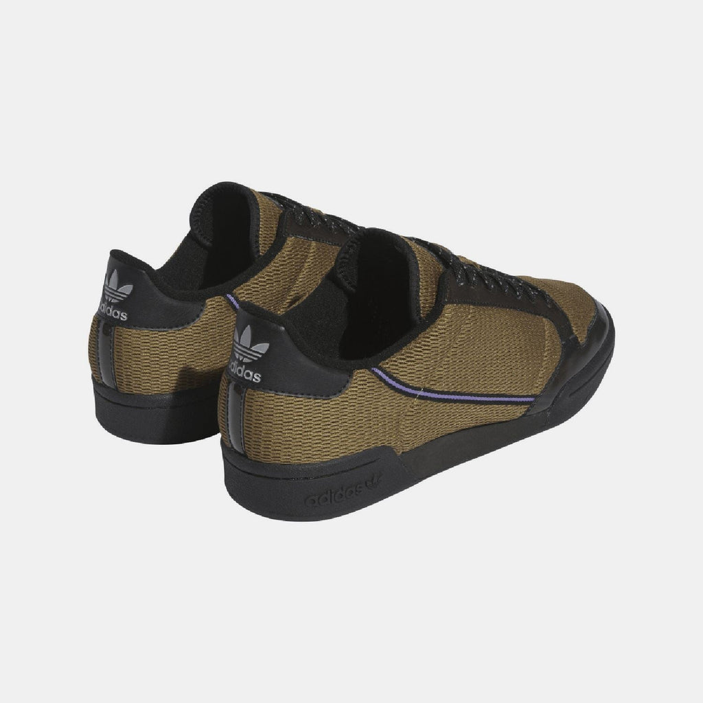 adidas Originals lace-up sneakers, khaki upper with black heel, toe, and sidewall