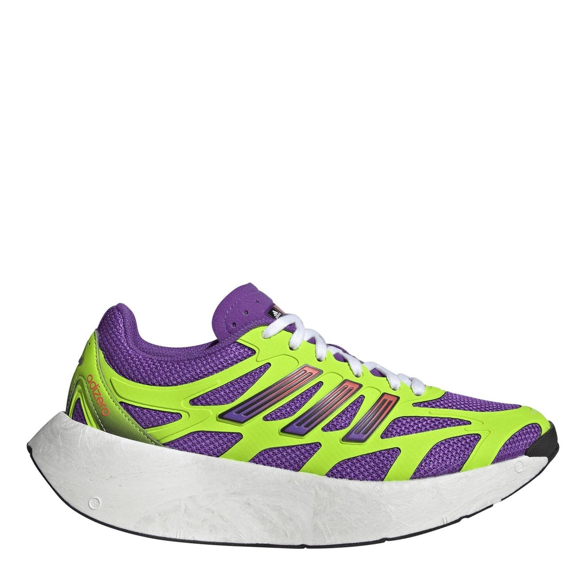 Adidas Originals Adizero Aruku running shoe in neon green and purple with white laces
