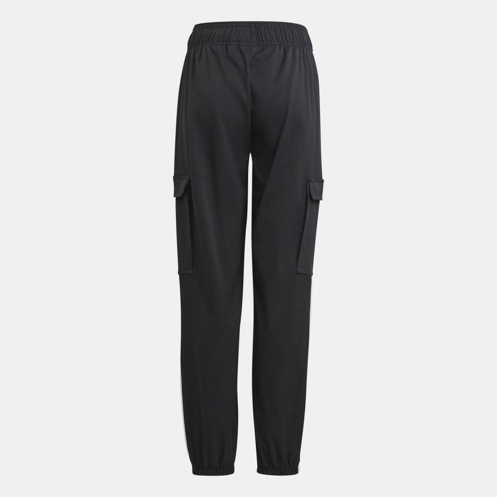 Black cargo trousers with elastic waistband and utility cargo pockets, rear view