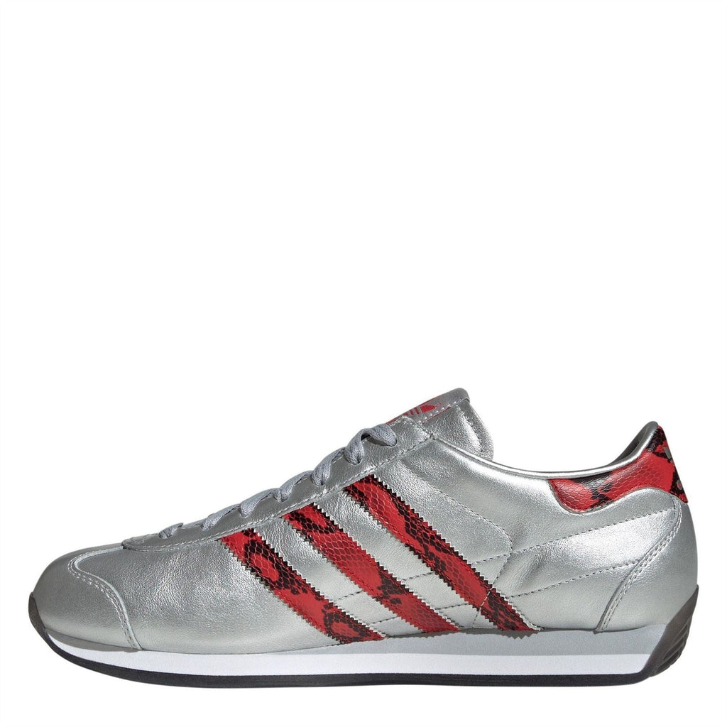 Silver adidas Originals low-top sneaker with red diagonal stripes and gray laces