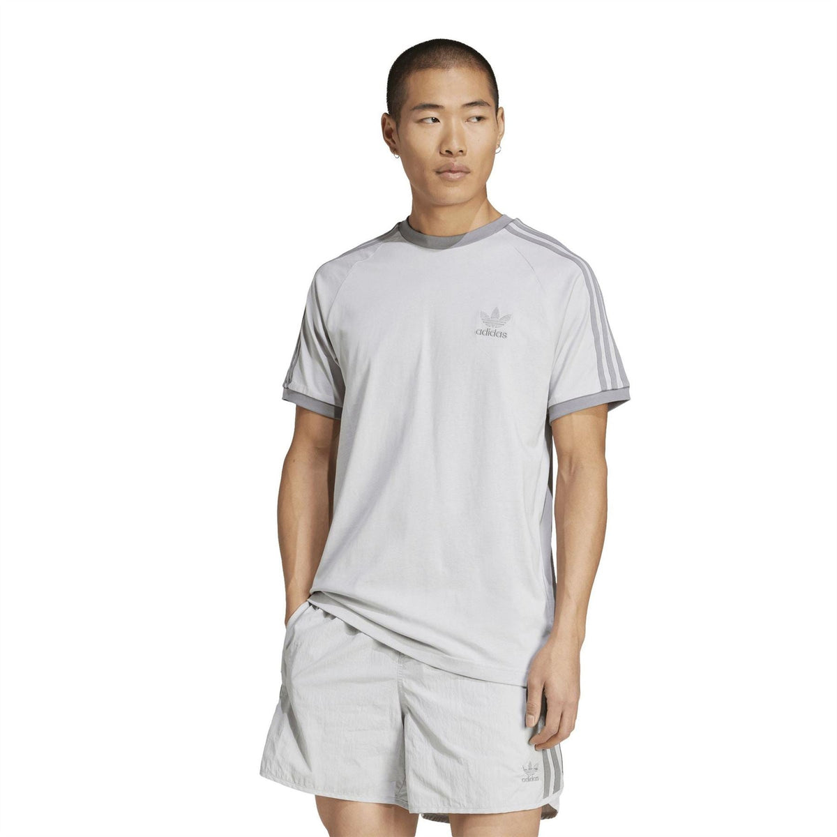 Light grey crew-neck adidas 3-Stripes T-shirt with small adidas logo