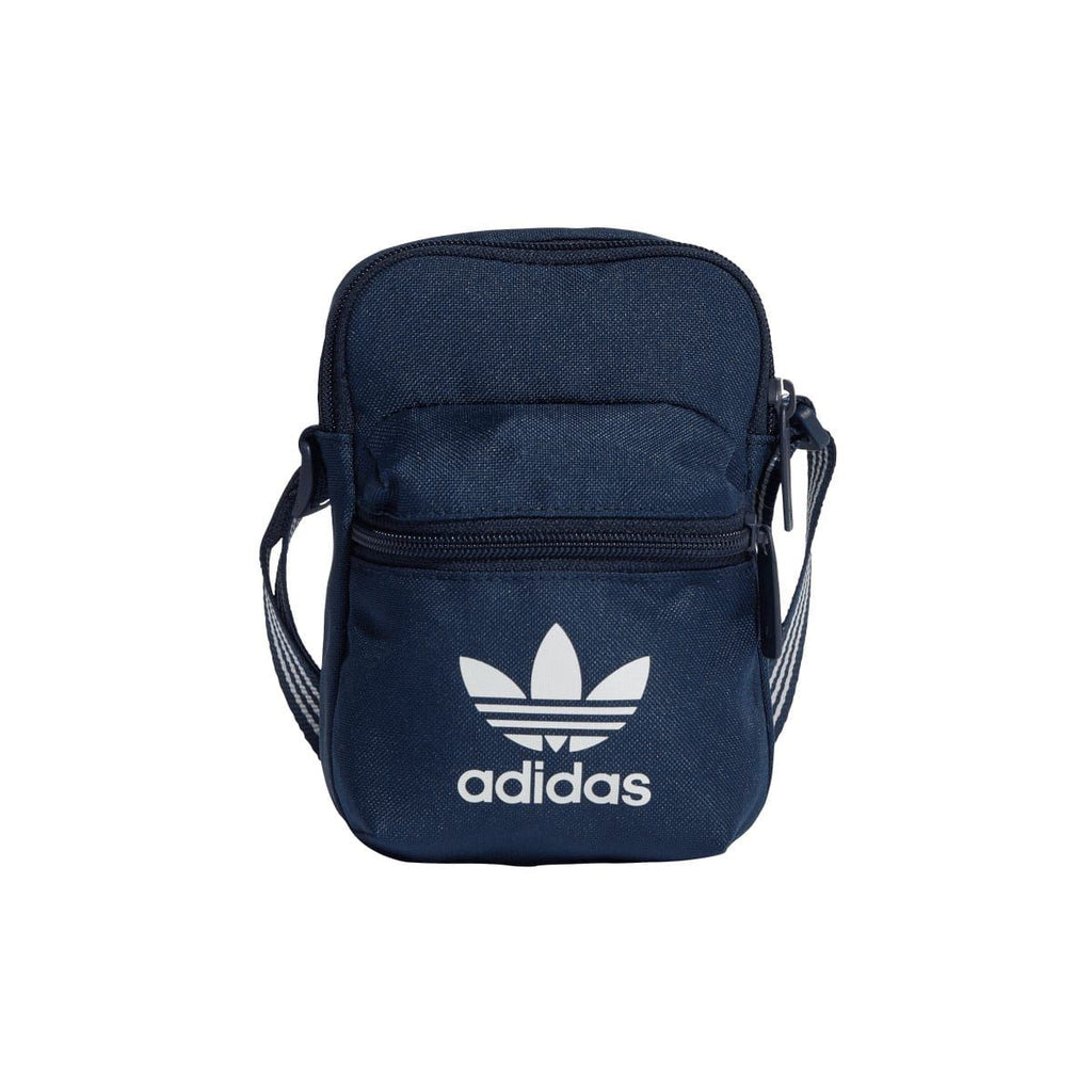Navy festival bag with zipper top and adidas trefoil logo on front