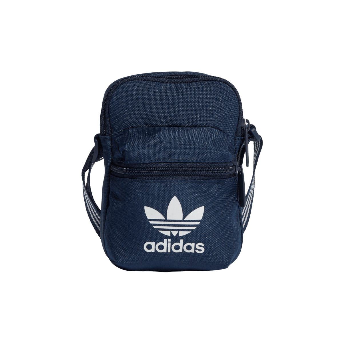 Navy festival bag with zipper top and adidas trefoil logo on front