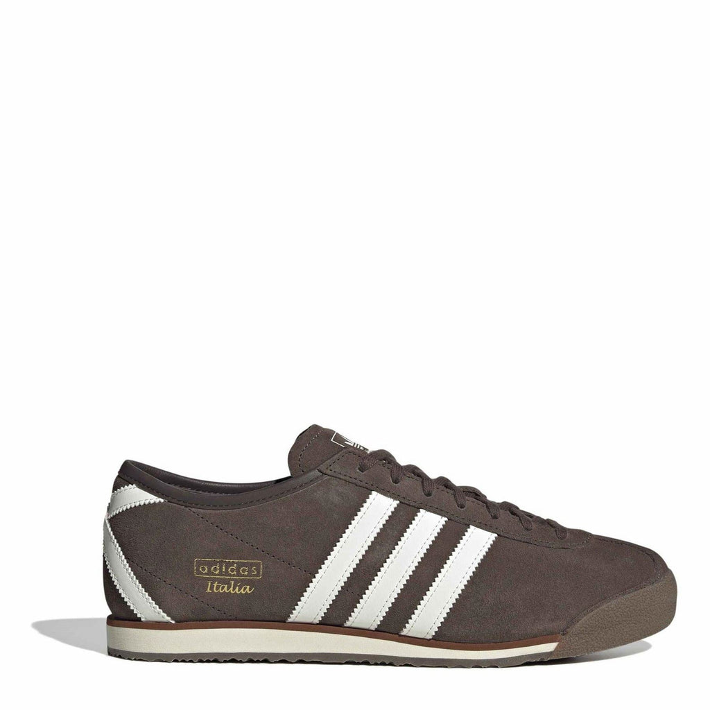 Brown suede Italia 70s sneaker with three off-white stripes and lace-up front