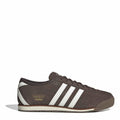 Brown suede Italia 70s sneaker with three off-white stripes and lace-up front