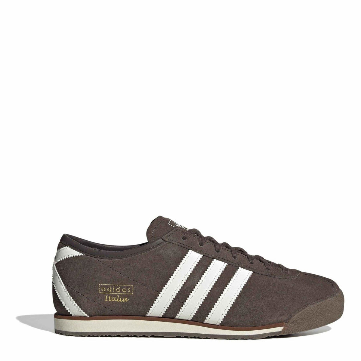 Brown suede Italia 70s sneaker with three off-white stripes and lace-up front