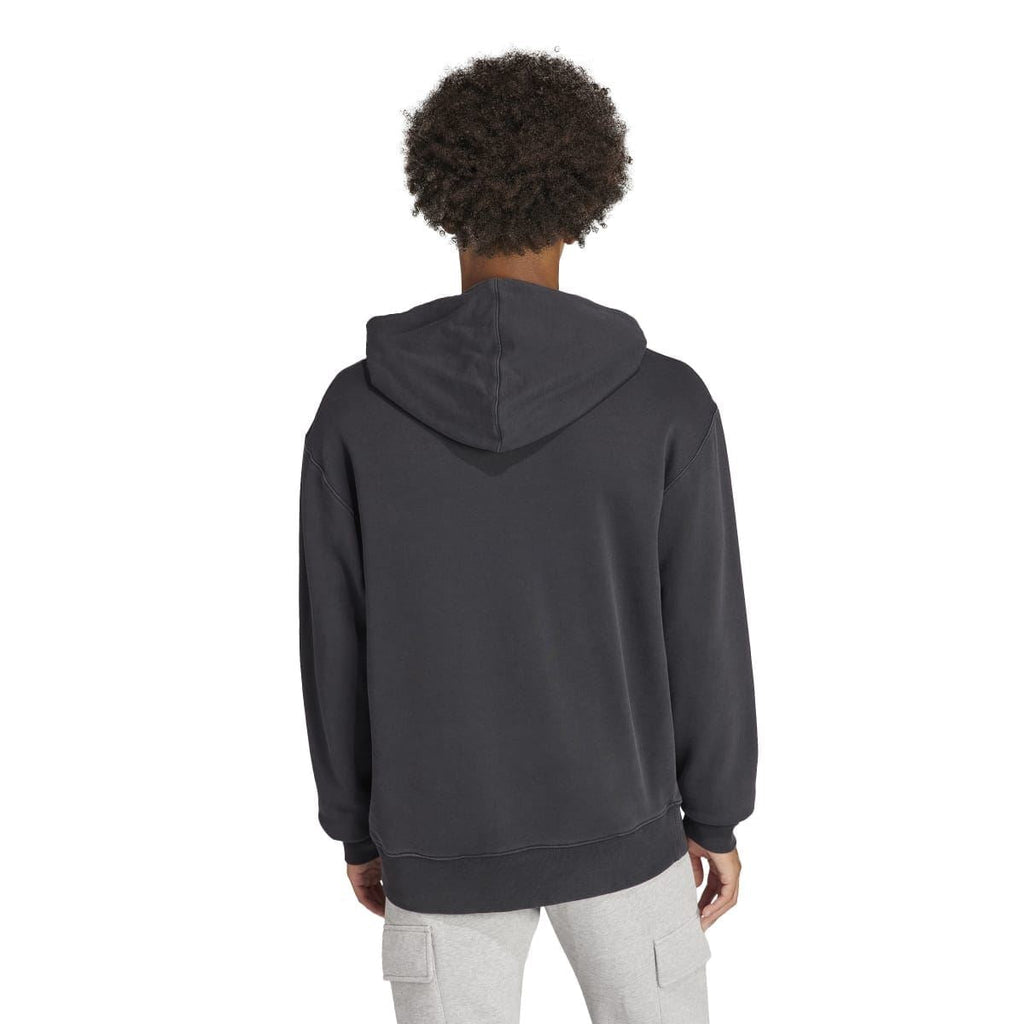Black pullover hoodie with drawstring hood and plain back