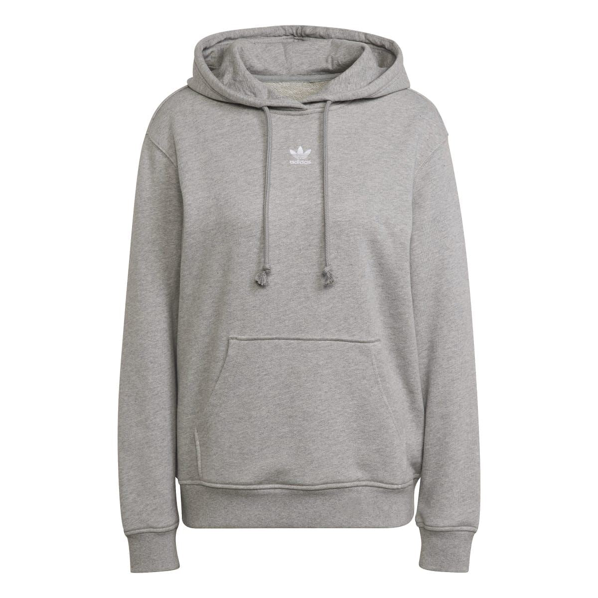 Grey heather adidas Originals-style hoodie with drawstring hood and kangaroo pocket