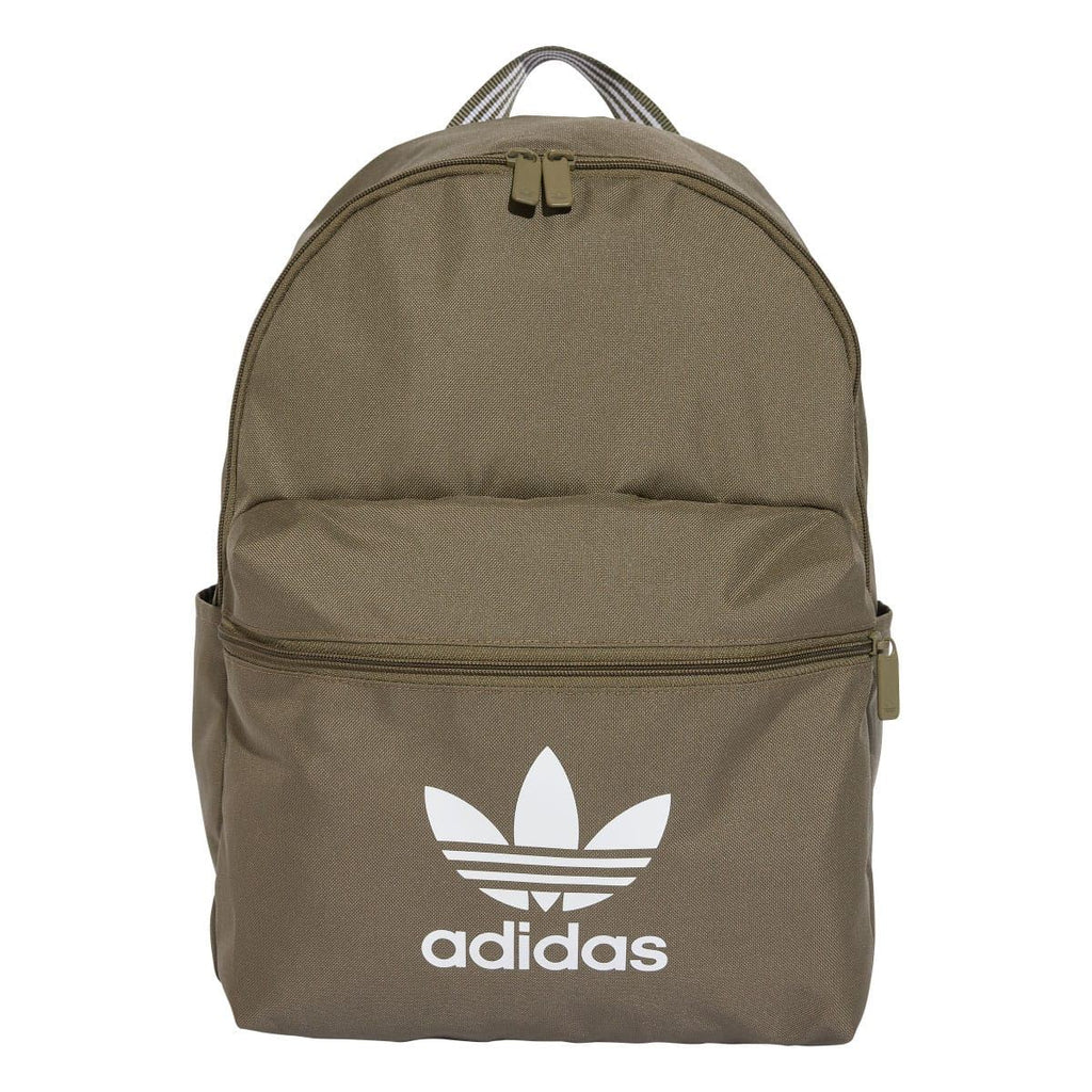 Olive adidas Originals Adicolor backpack with front zipper and white trefoil logo