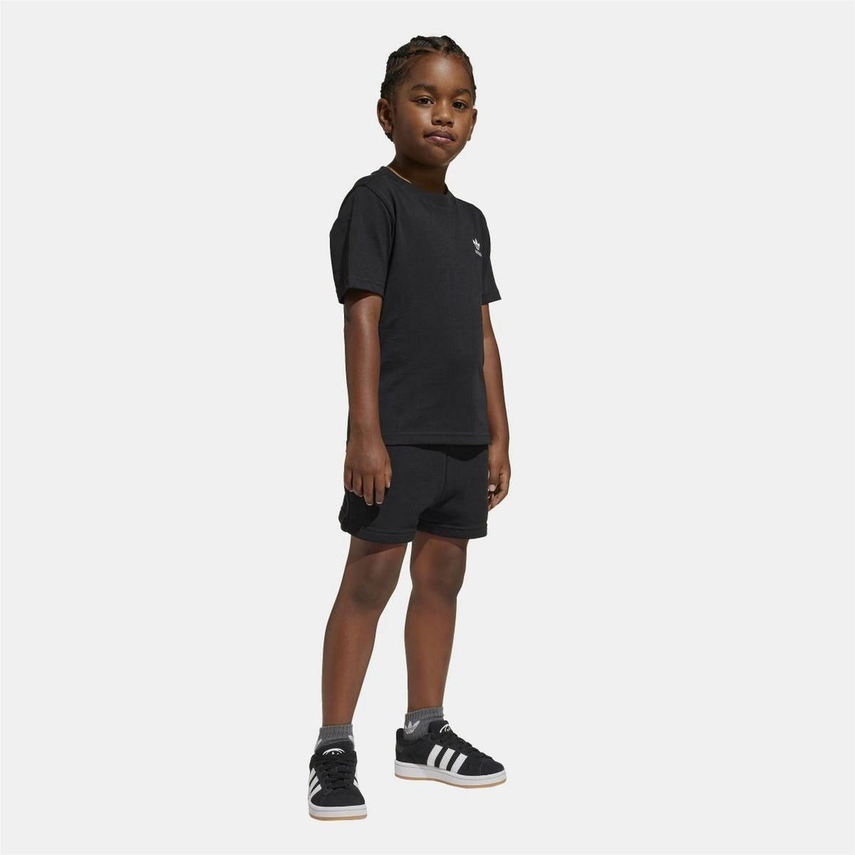 Black kids T-shirt and shorts set on model, adidas Originals logo on chest