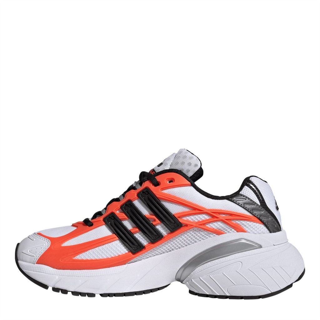 White lace-up sneakers with orange eyestay and black stripes, side 3/4 view