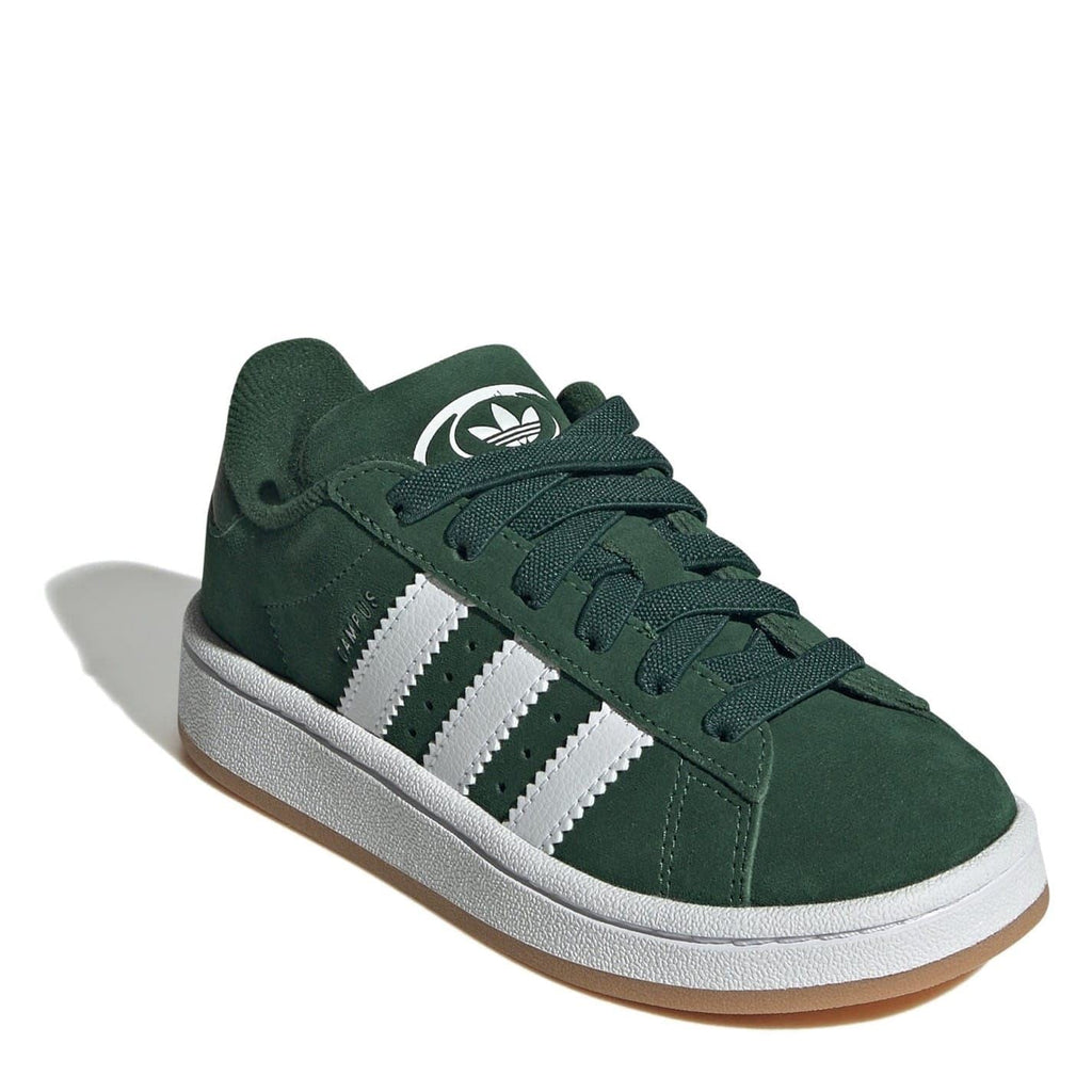 adidas Originals Campus 00s kids shoes, green suede lace-up with white 3-Stripes detail.