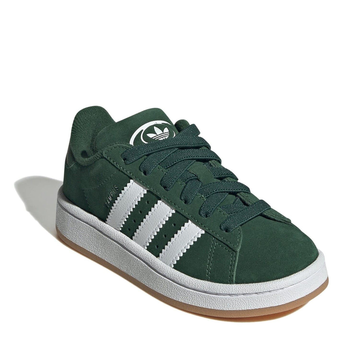 adidas Originals Campus 00s kids shoes, green suede lace-up with white 3-Stripes detail.