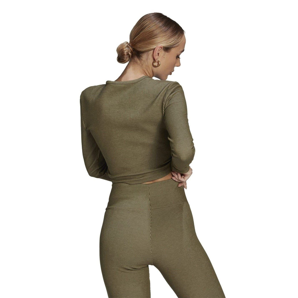 Olive cropped long-sleeve slim-fit sweater, back view, ribbed crew neck