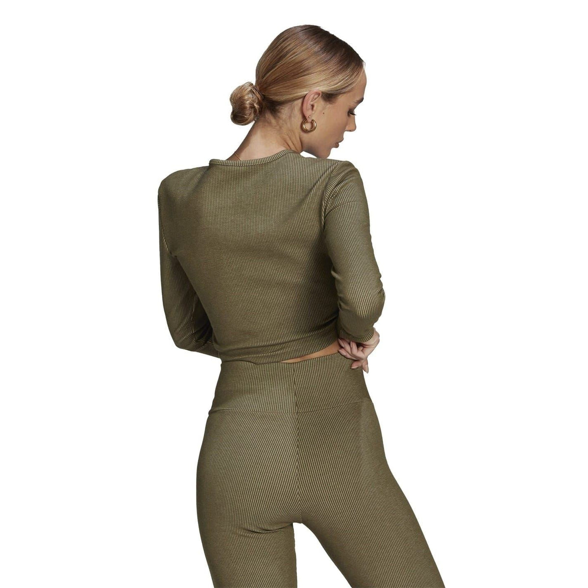 Olive cropped long-sleeve slim-fit sweater, back view, ribbed crew neck