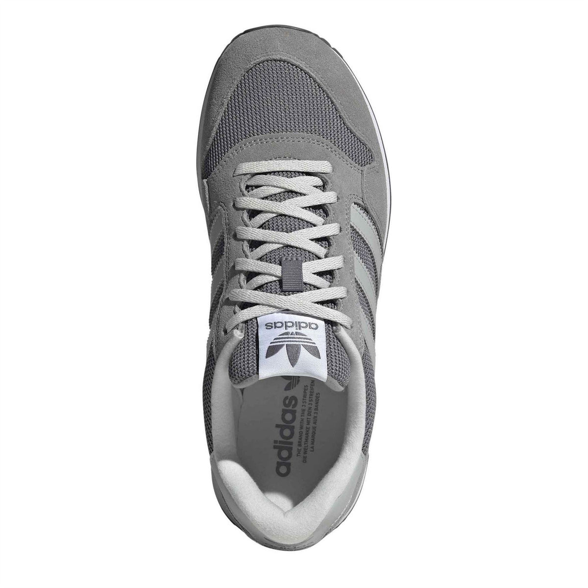 Grey lace-up sneaker with sockliner, mesh upper, and tongue label