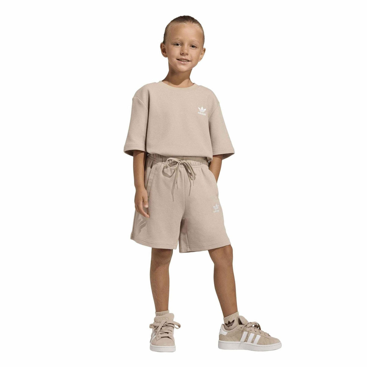 Infants' stone khaki relaxed t-shirt with shorts and adidas trefoil logo set.