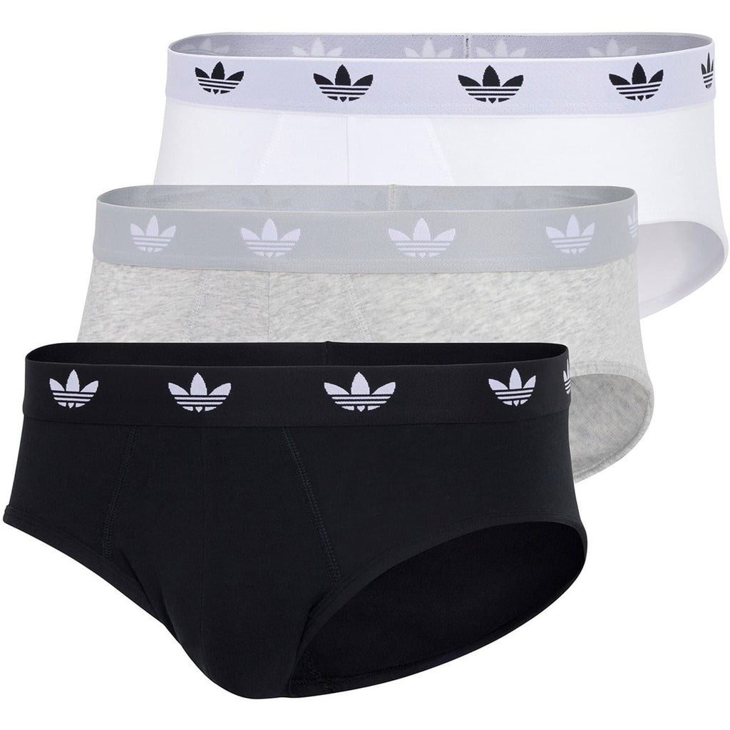 adidas Originals cotton 3-pack briefs in white, gray, and black with logo waistband