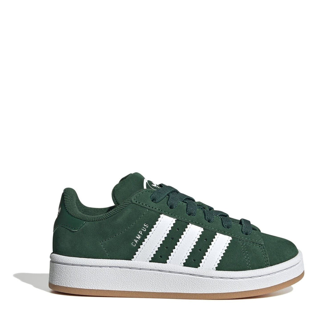 adidas Originals Campus 00s kids shoes, green suede with white 3-Stripes and lace-up.
