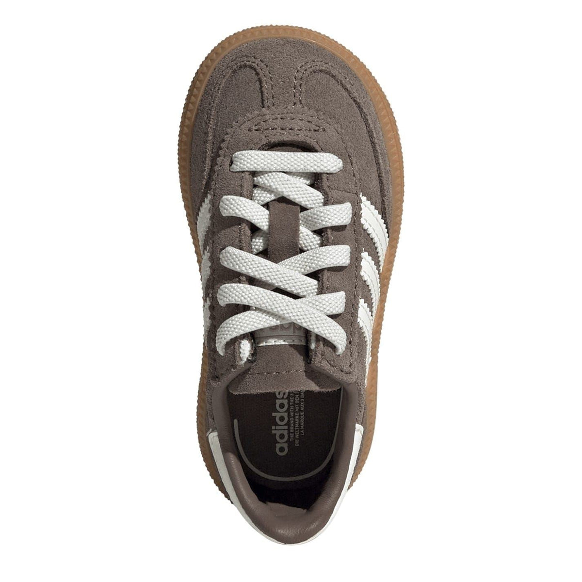 adidas Originals sneaker top view with gray suede, white laces, and dark inner lining