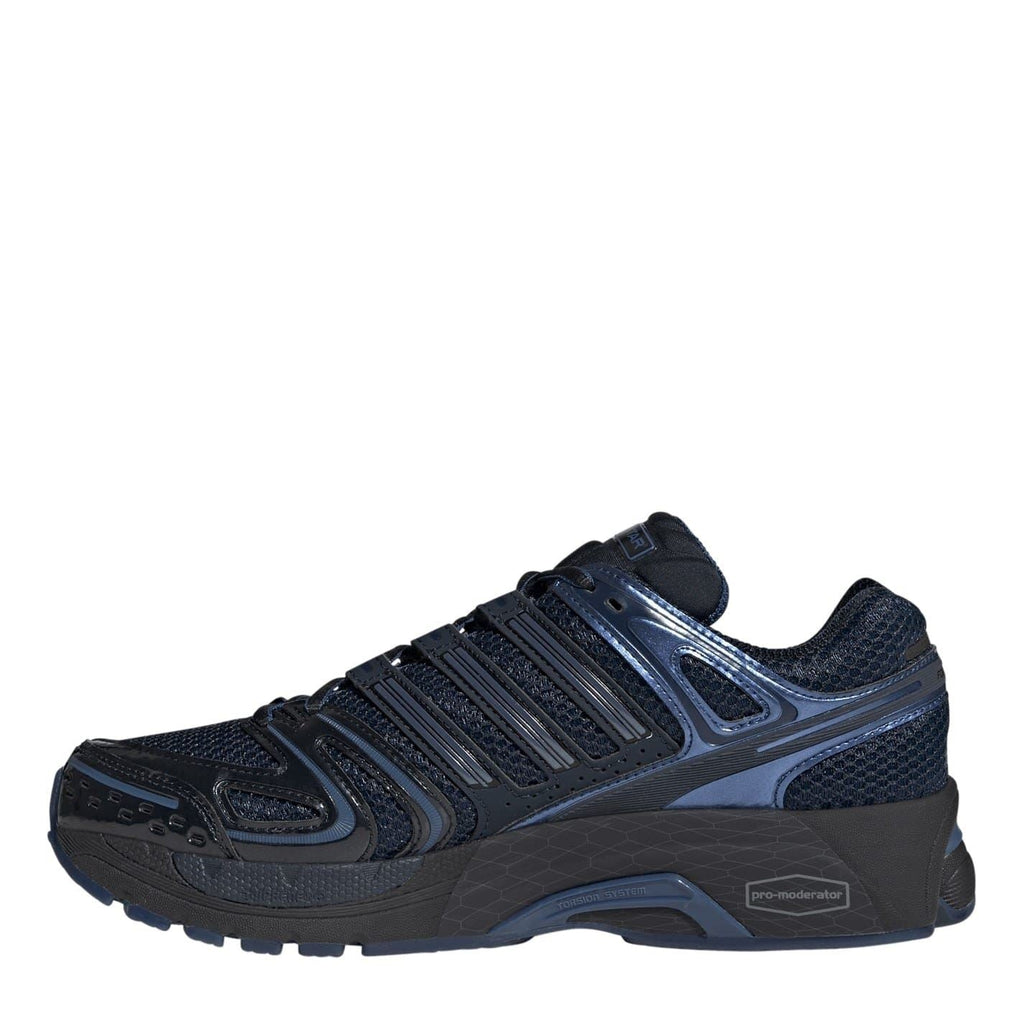 Dark blue adidas Originals lace-up sneakers, side view with metallic stripes and logo