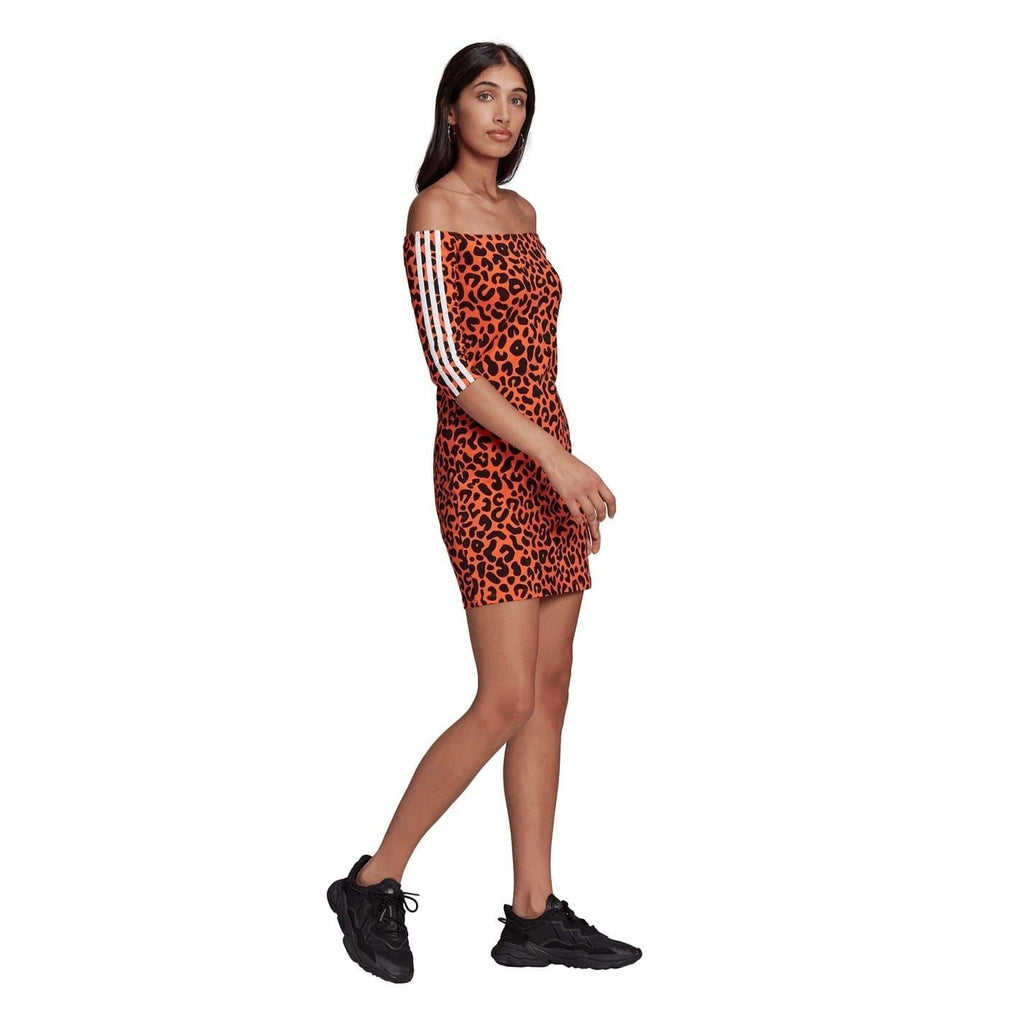 Adidas off-shoulder mini jersey dress in orange leopard print with white side stripes