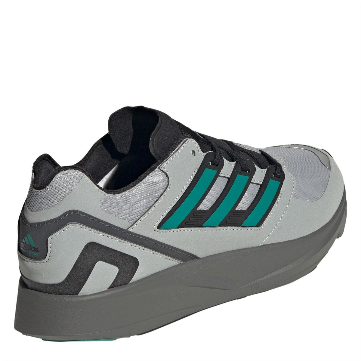 Light gray and black athletic sneakers with teal stripe accents and padded heel