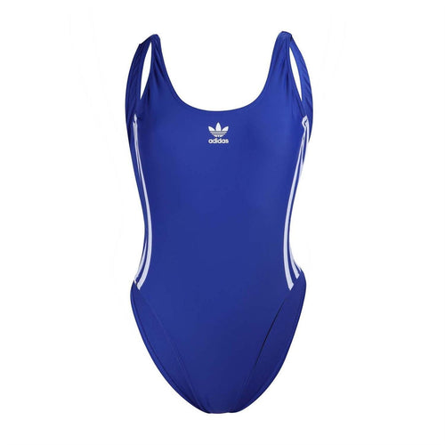 adidas Originals one-piece swimsuit, blue with white 3-stripe detailing and logo