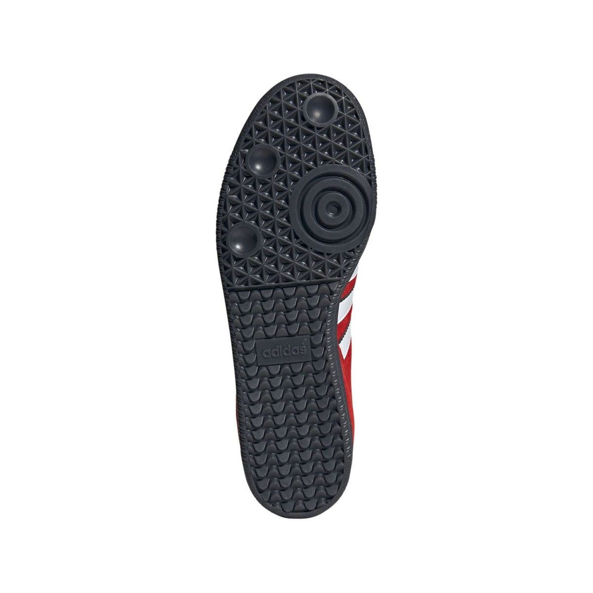 Red and white sneaker outsole with textured tread and adidas branding