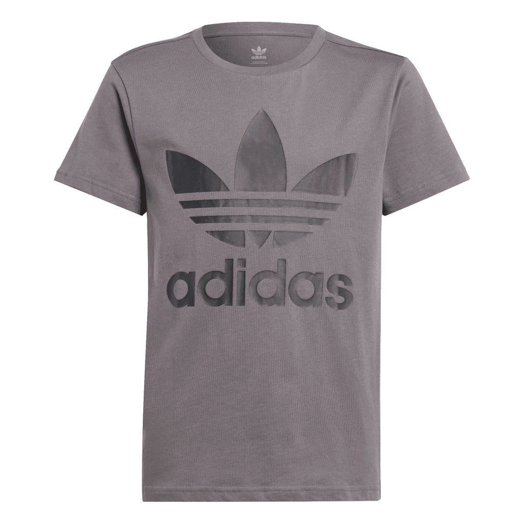 Grey junior T-shirt with large adidas Originals Trefoil graphic on the front.
