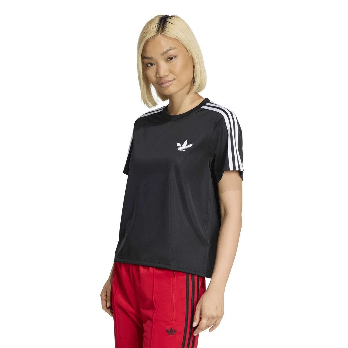 Black adidas Originals Firebird T-shirt with white sleeve stripes and chest trefoil logo