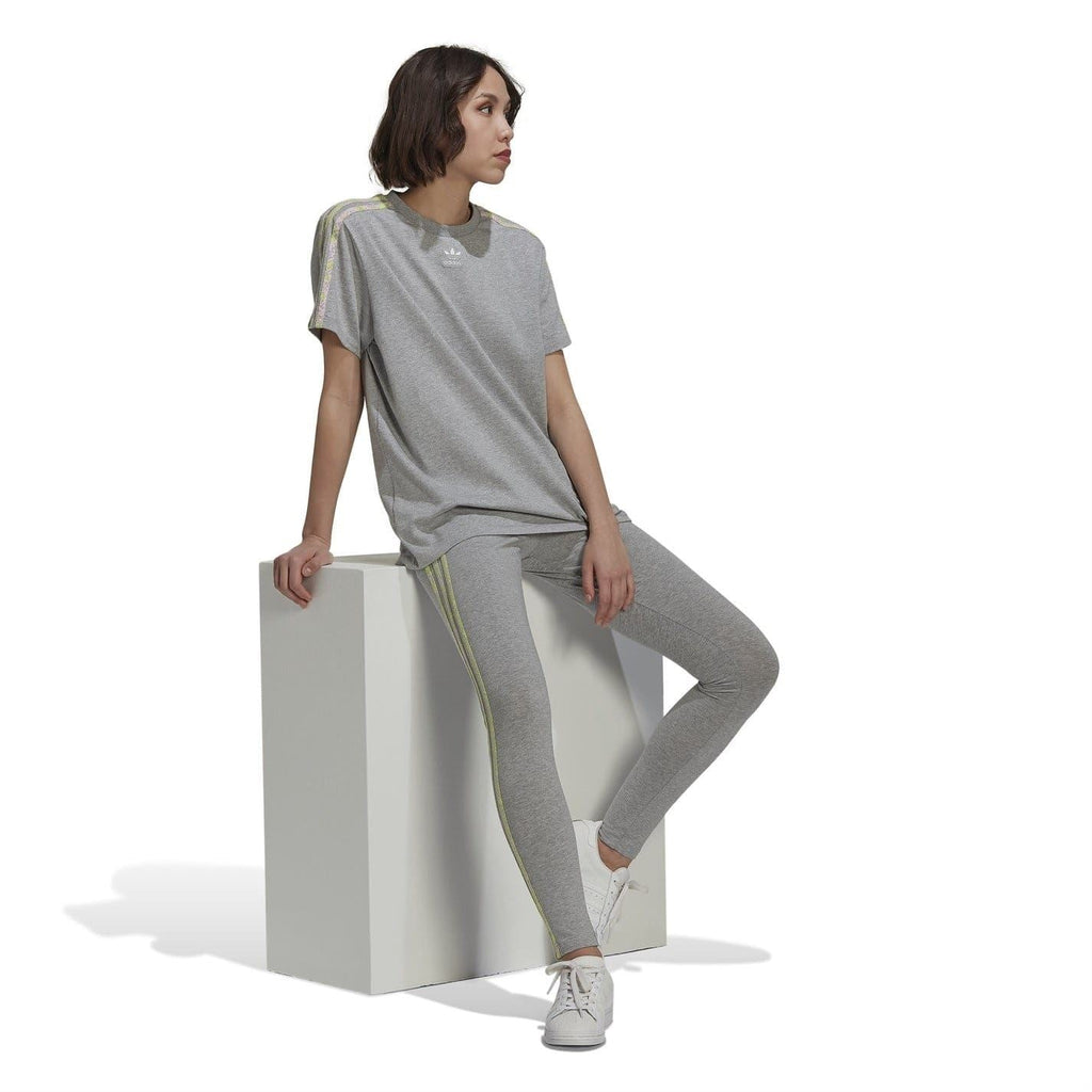 Grey leggings with adidas Originals trefoil logo on upper thigh and pastel side stripes
