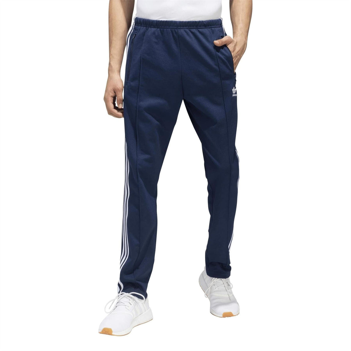 adidas track pants, dark navy with white side stripes and elastic waist