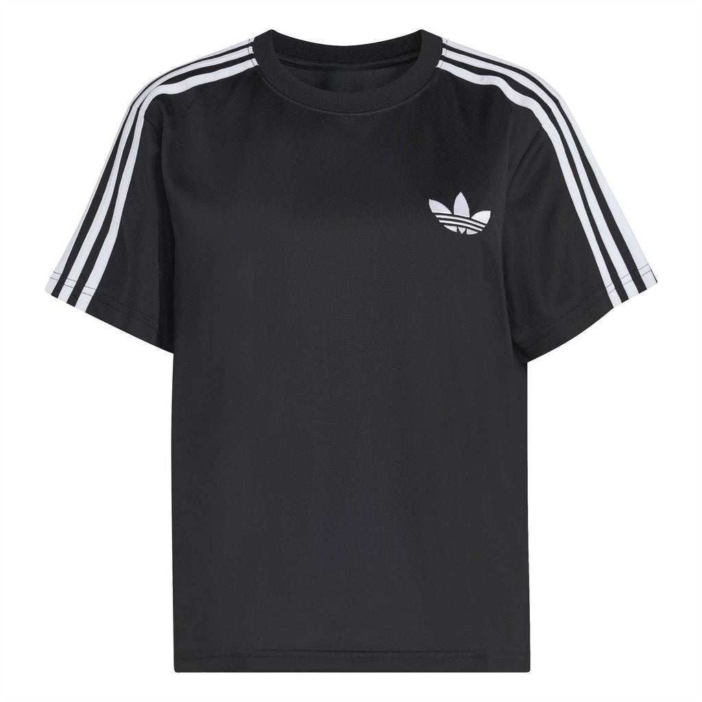 Black adidas Originals Firebird T-shirt with white shoulder stripes and trefoil logo