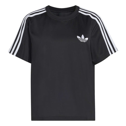 Black adidas Originals Firebird T-shirt with white shoulder stripes and trefoil logo