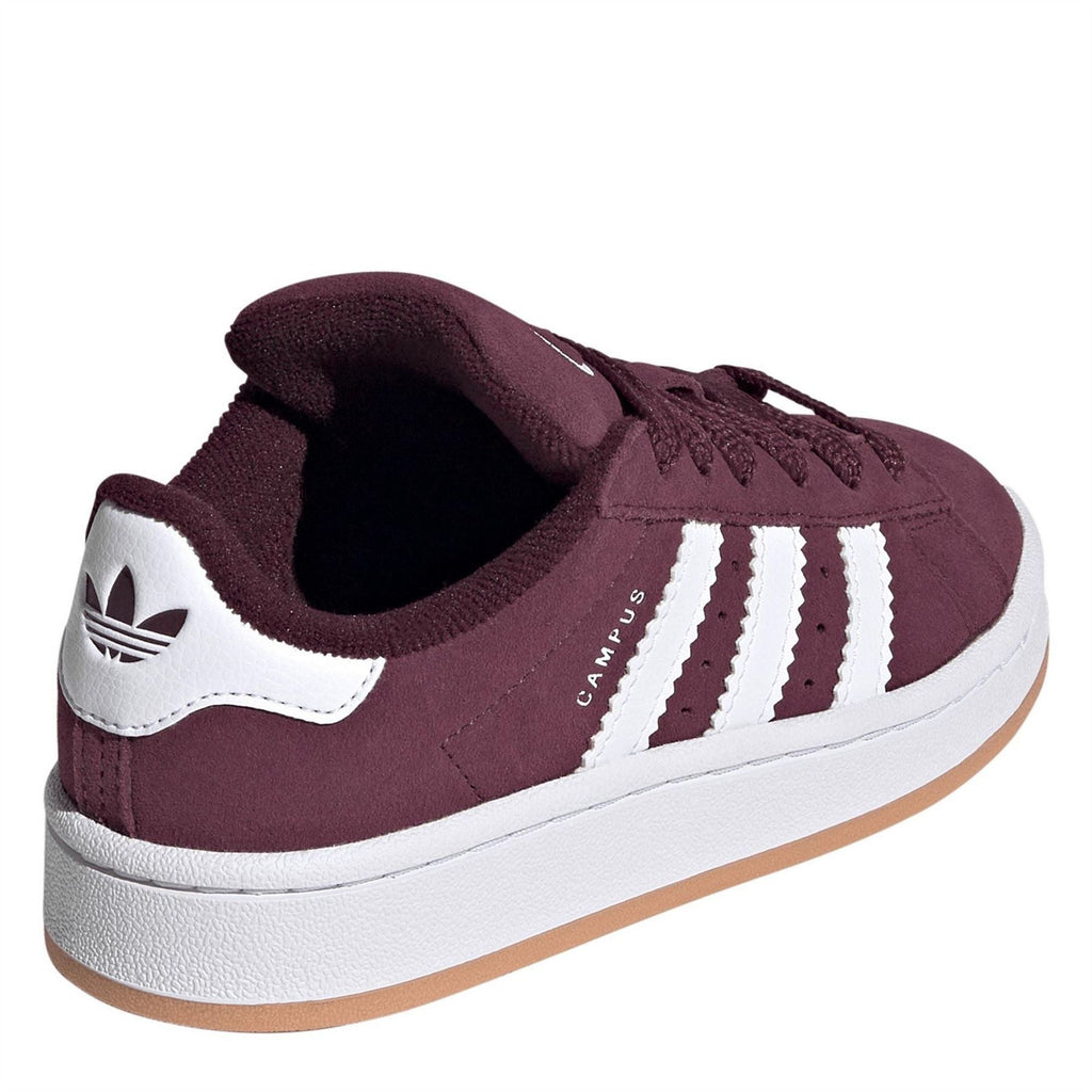 adidas Originals Campus 00s kids shoes, maroon suede back view with white 3-Stripes panel.