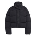 adidas Originals short down jacket with hood, lightweight coat featuring quilted design and zip closure for cold weather.
