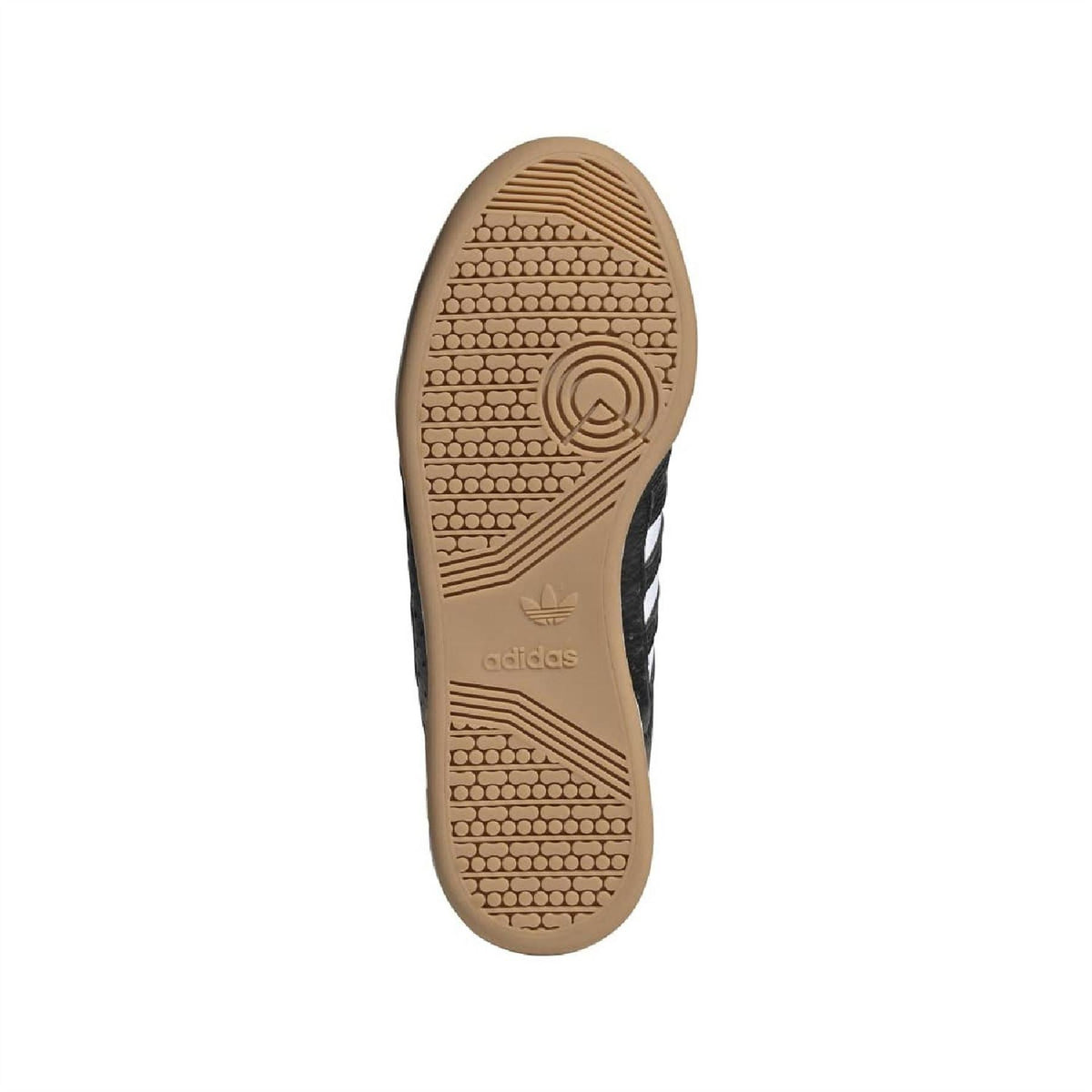 Black adidas low-top trainers outsole with patterned tread and gum-colored base