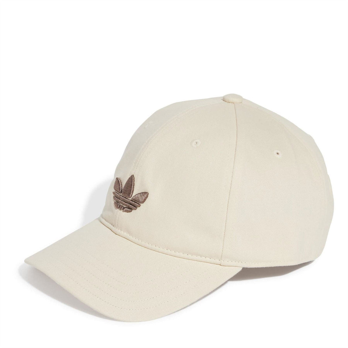Light beige dad cap with curved brim and embroidered logo on front panel