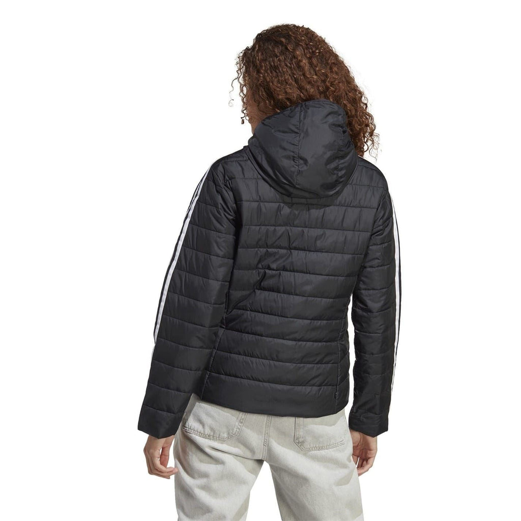 Black hooded puffer jacket back view with white side stripes and full-zip front