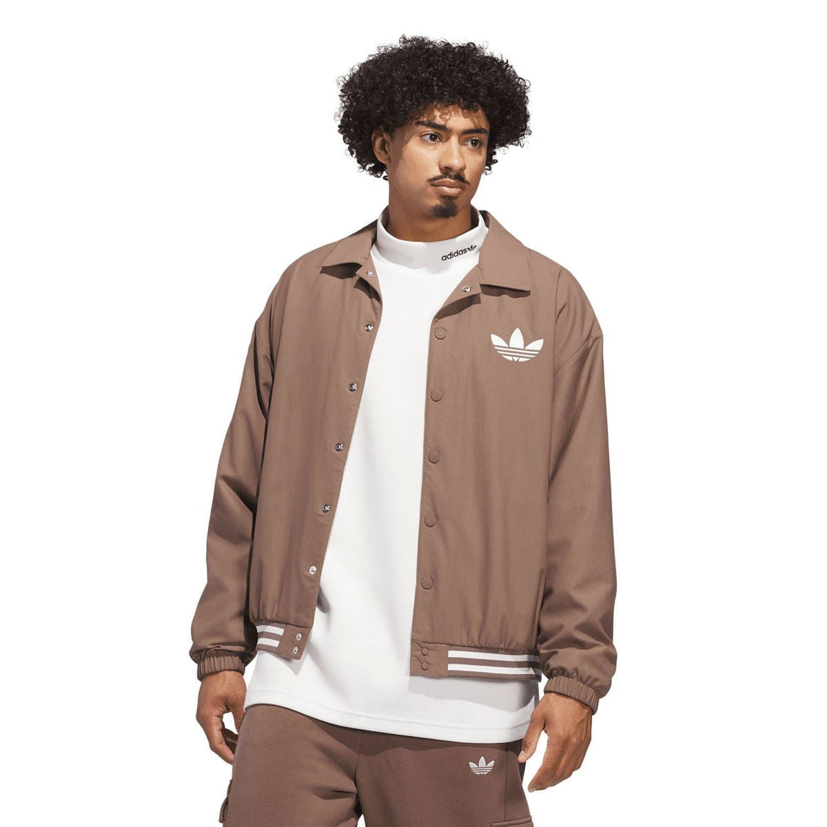 Brown adidas Originals coach overshirt with snap button front and striped cuffs